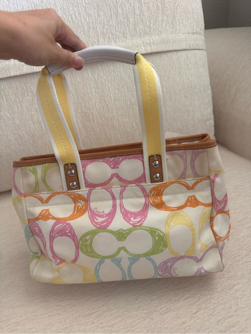 Coach Pastel Multicolor Canvas Tote with Yellow Handles
